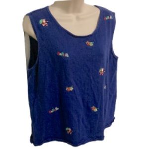 THE QUACKER FACTORY Embroidered Embellished Christmas Blue Sleeveless Sweater XL